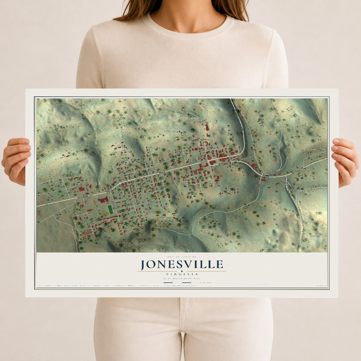 Map of Jonesville, Virginia, 12 x 18 inch unframed archival matte print