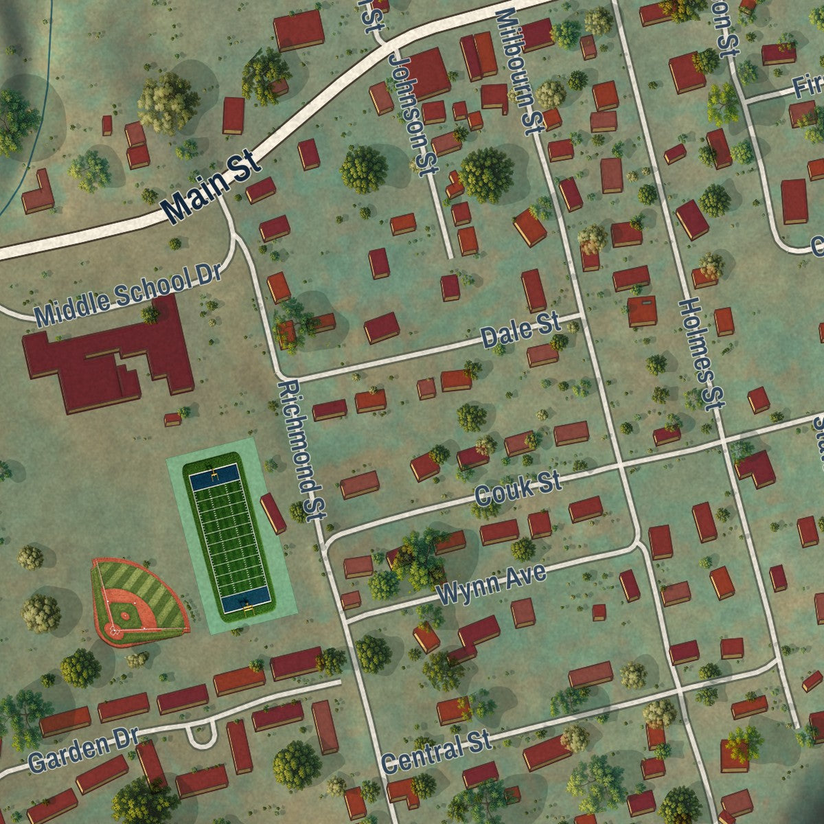 Close-up of the map of Jonesville, Virginia print showing street and building detail