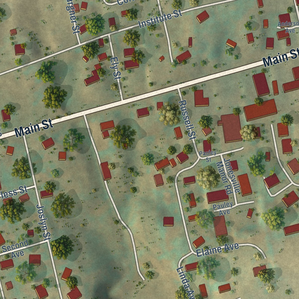 Second close-up of the map of Jonesville, Virginia print showing more streets and buildings