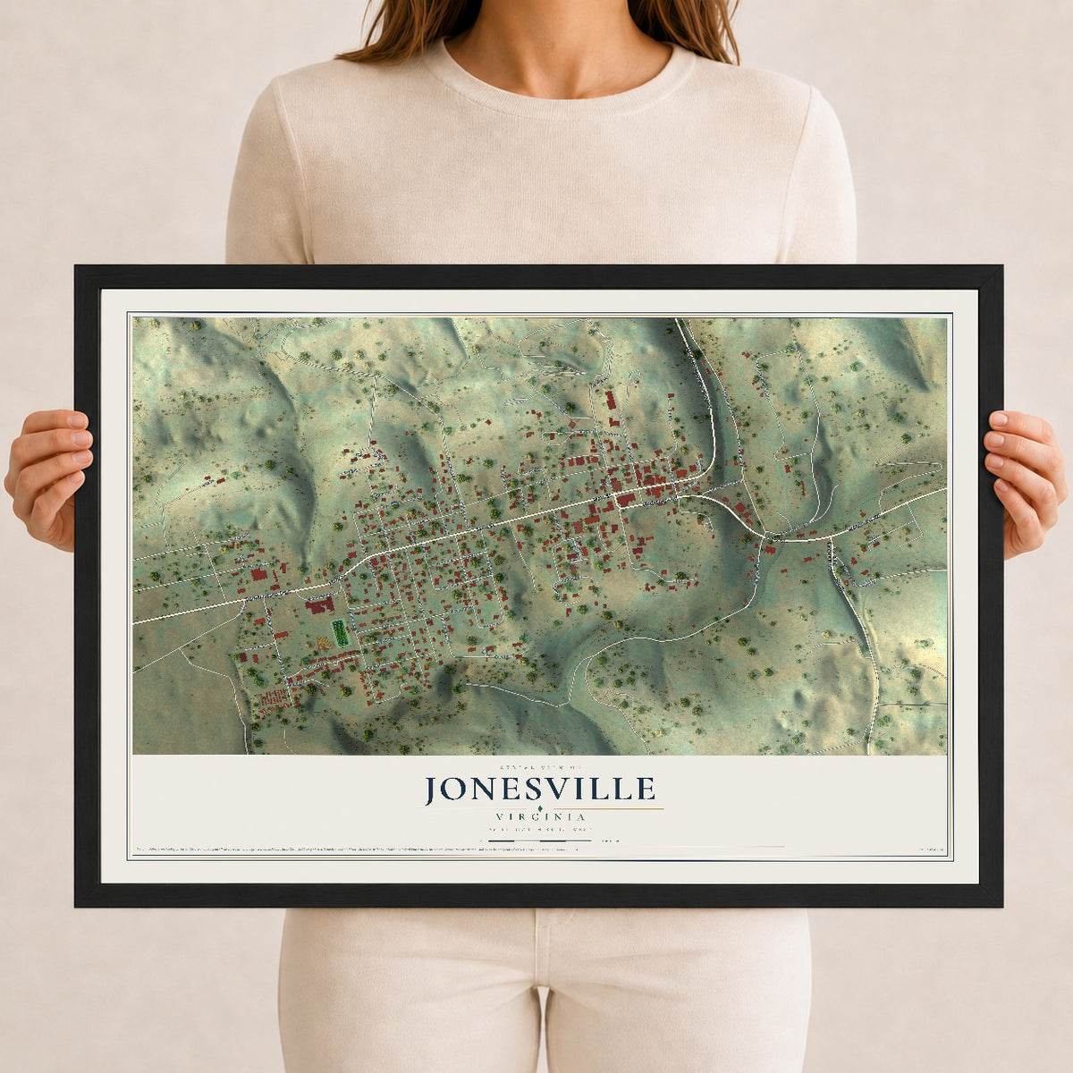 Map of Jonesville, Virginia, 12 x 18 inch print in a black wood frame