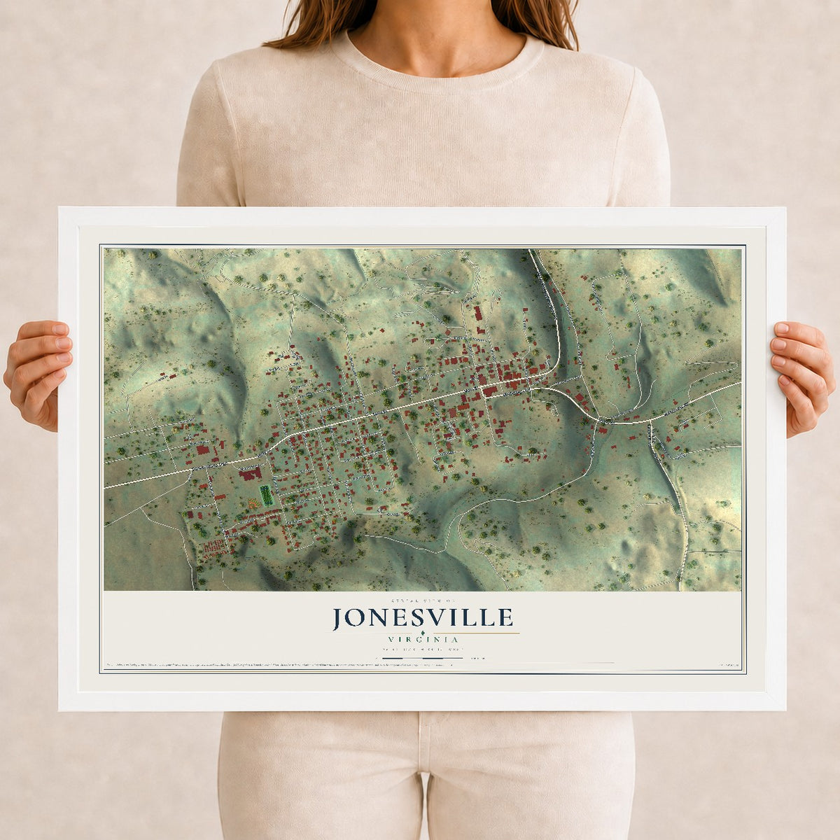 Map of Jonesville, Virginia, 12 x 18 inch print in a white wood frame