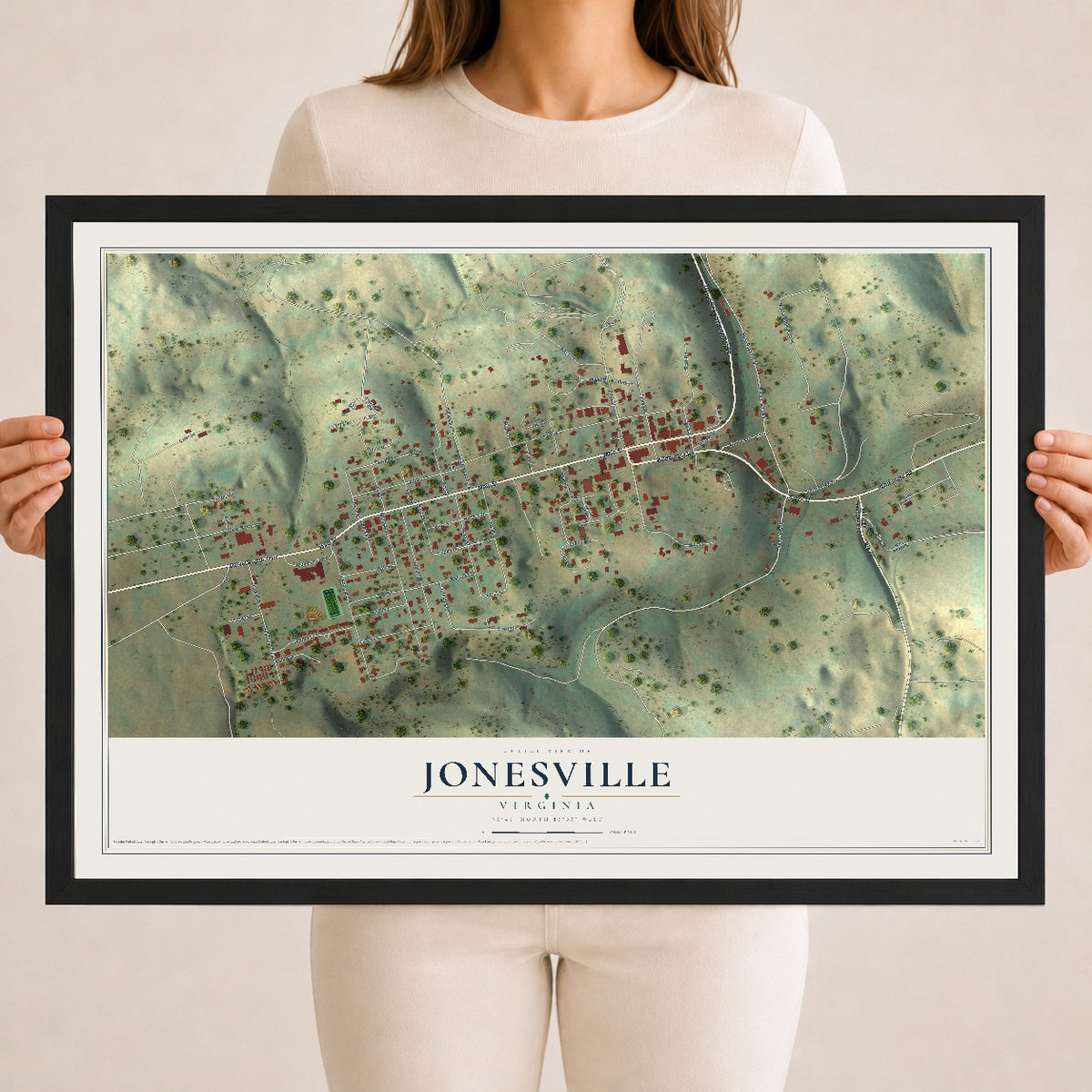 Map of Jonesville, Virginia, 18 x 24 inch print in a black wood frame