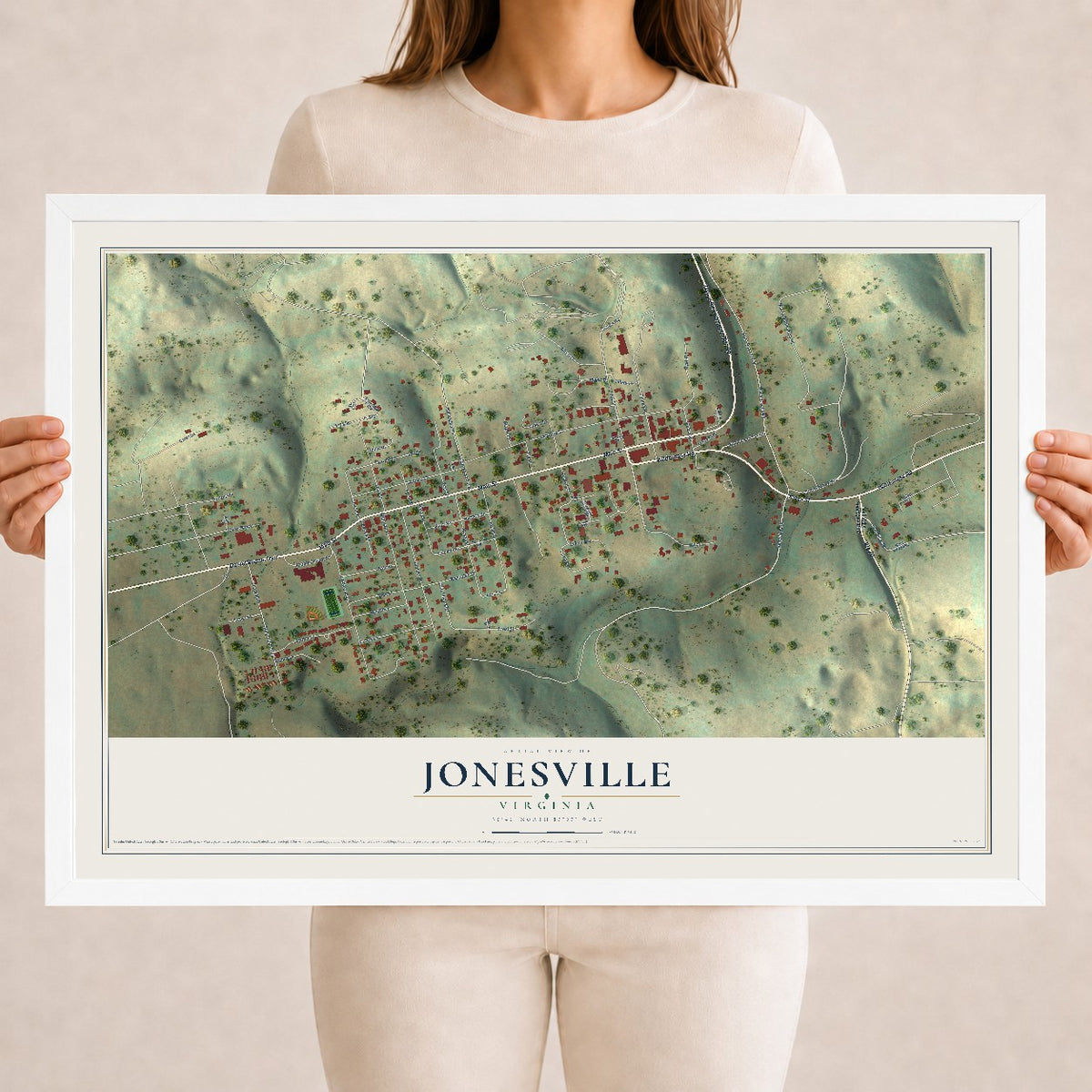 Map of Jonesville, Virginia, 18 x 24 inch print in a white wood frame