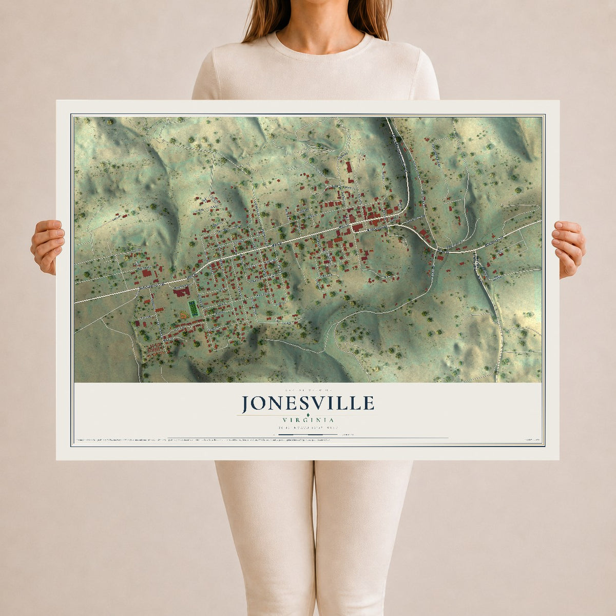 Map of Jonesville, Virginia, 24 x 36 inch unframed archival matte print
