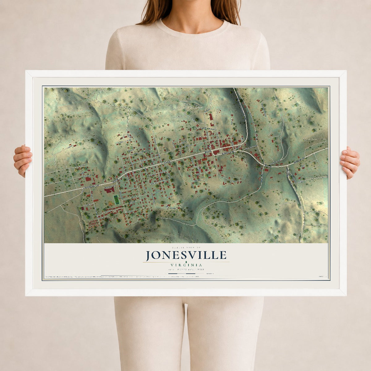 Map of Jonesville, Virginia, 24 x 36 inch print in a white wood frame