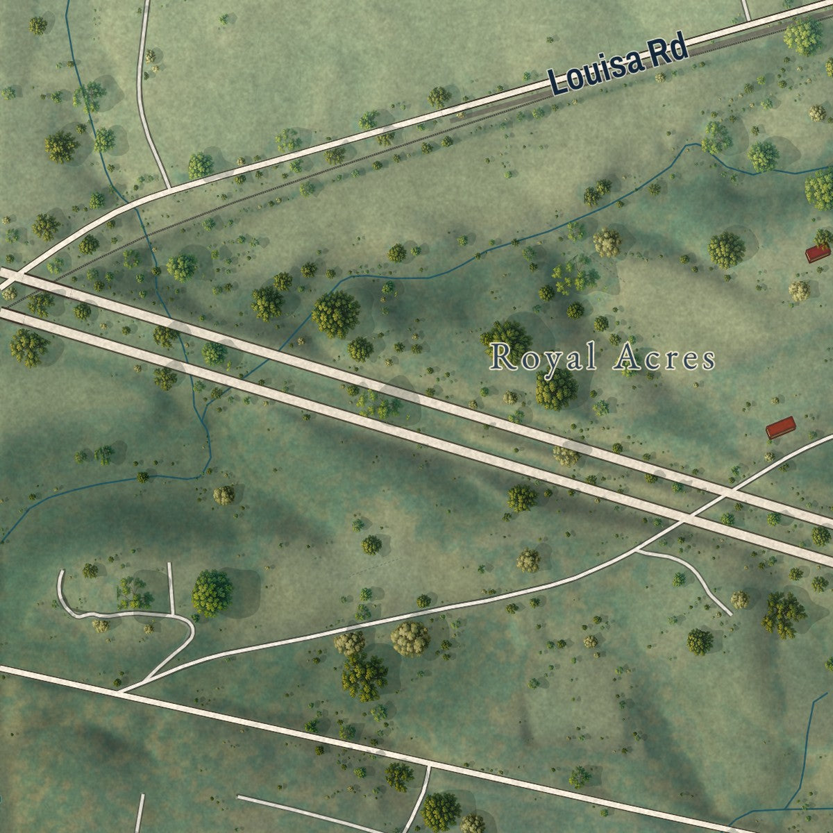 Close-up of the map of Keswick, Virginia print showing street and building detail