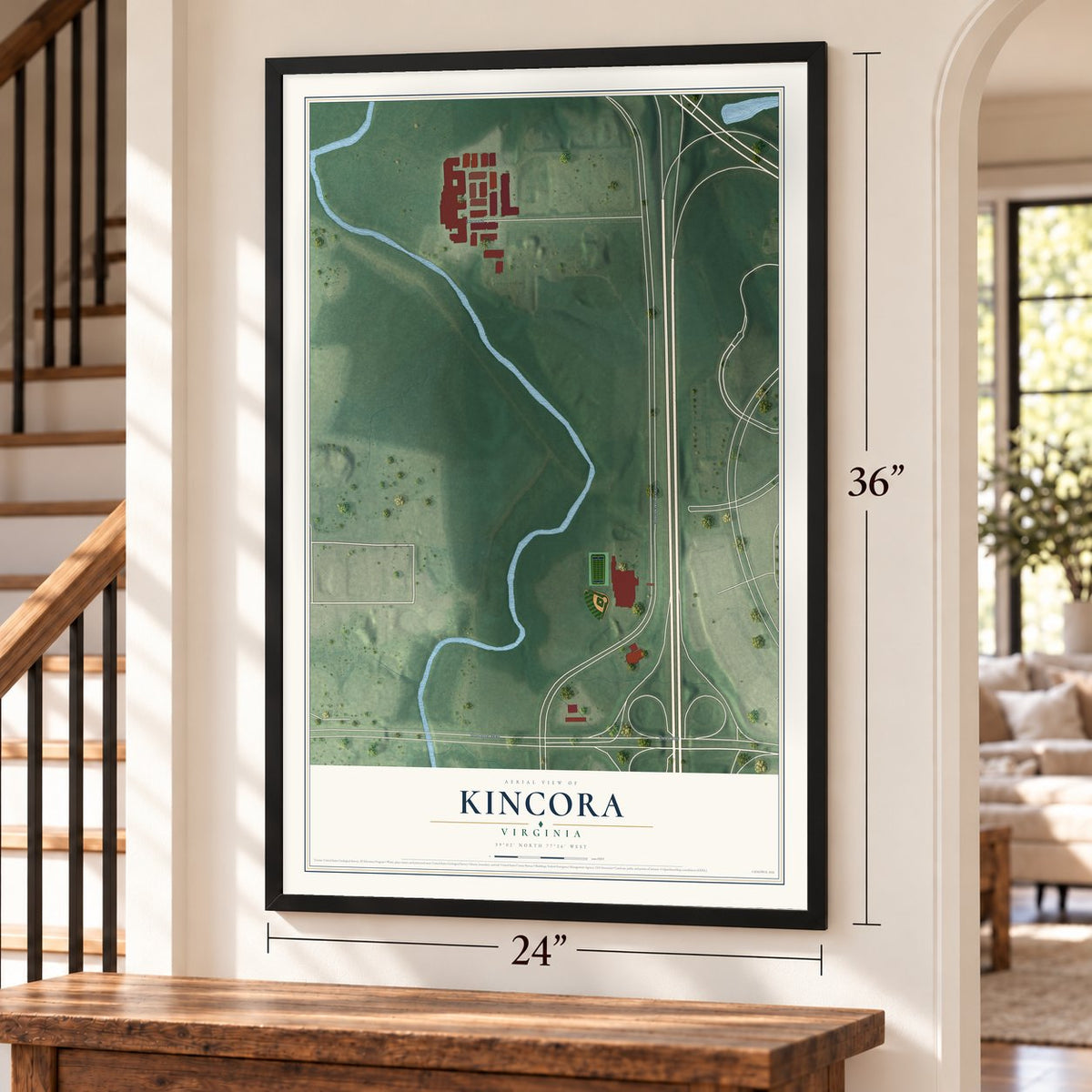 Kincora, Virginia map, 24 x 36 inch print in a black frame by a staircase