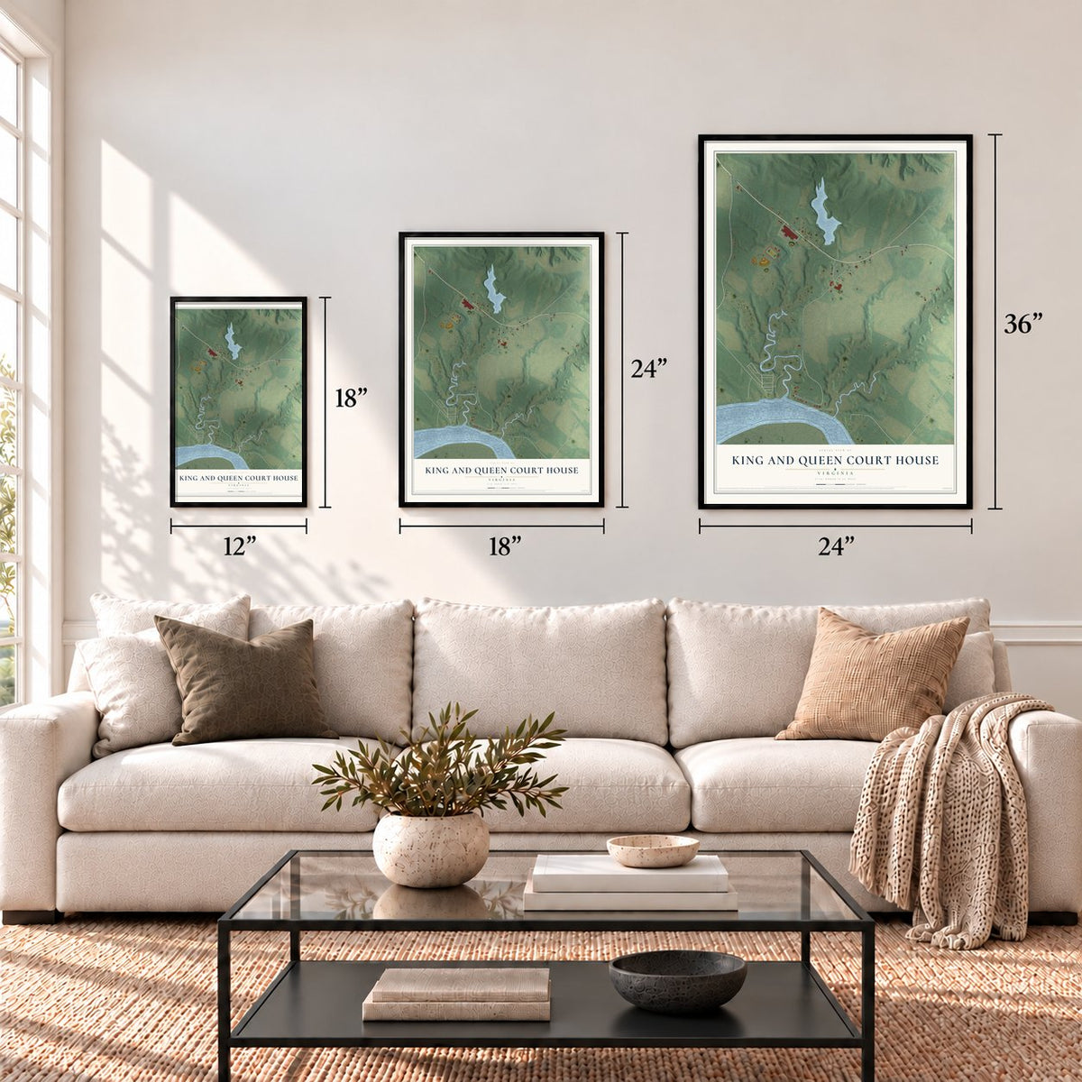 King and Queen Court House, Virginia map in 12 x 18, 18 x 24 and 24 x 36 inch sizes above a sofa