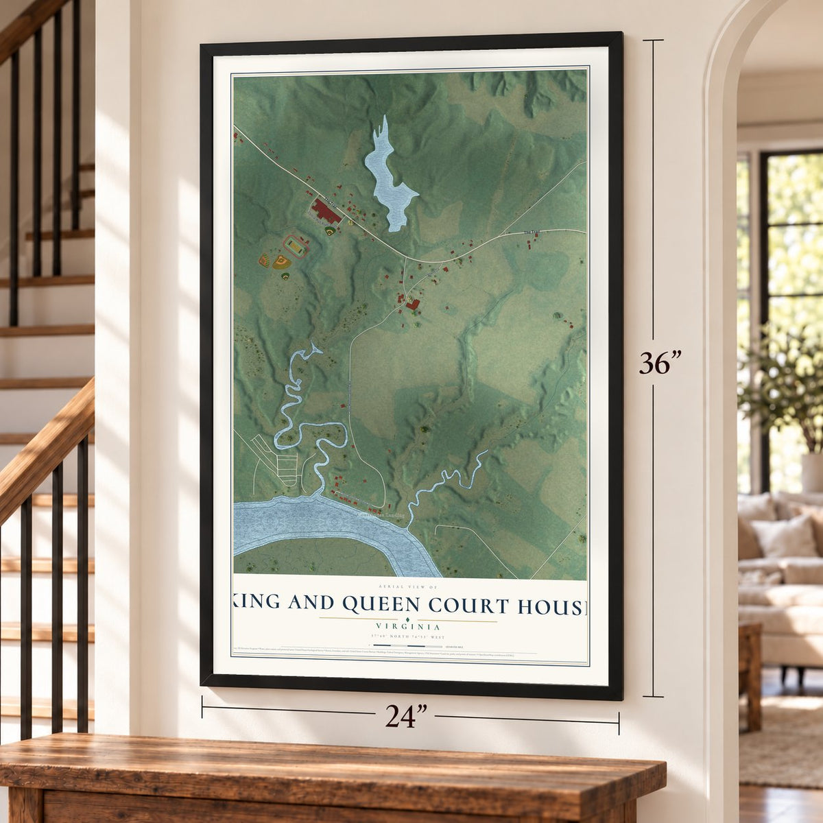 King and Queen Court House, Virginia map, 24 x 36 inch print in a black frame by a staircase