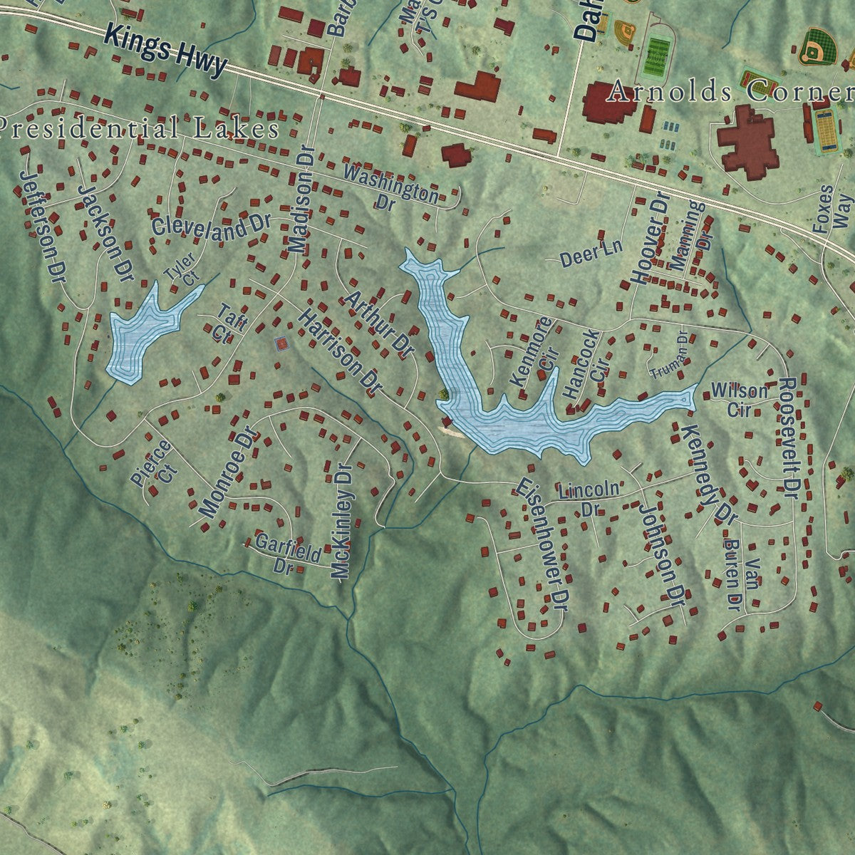 Close-up of the map of King George, Virginia print showing street and building detail