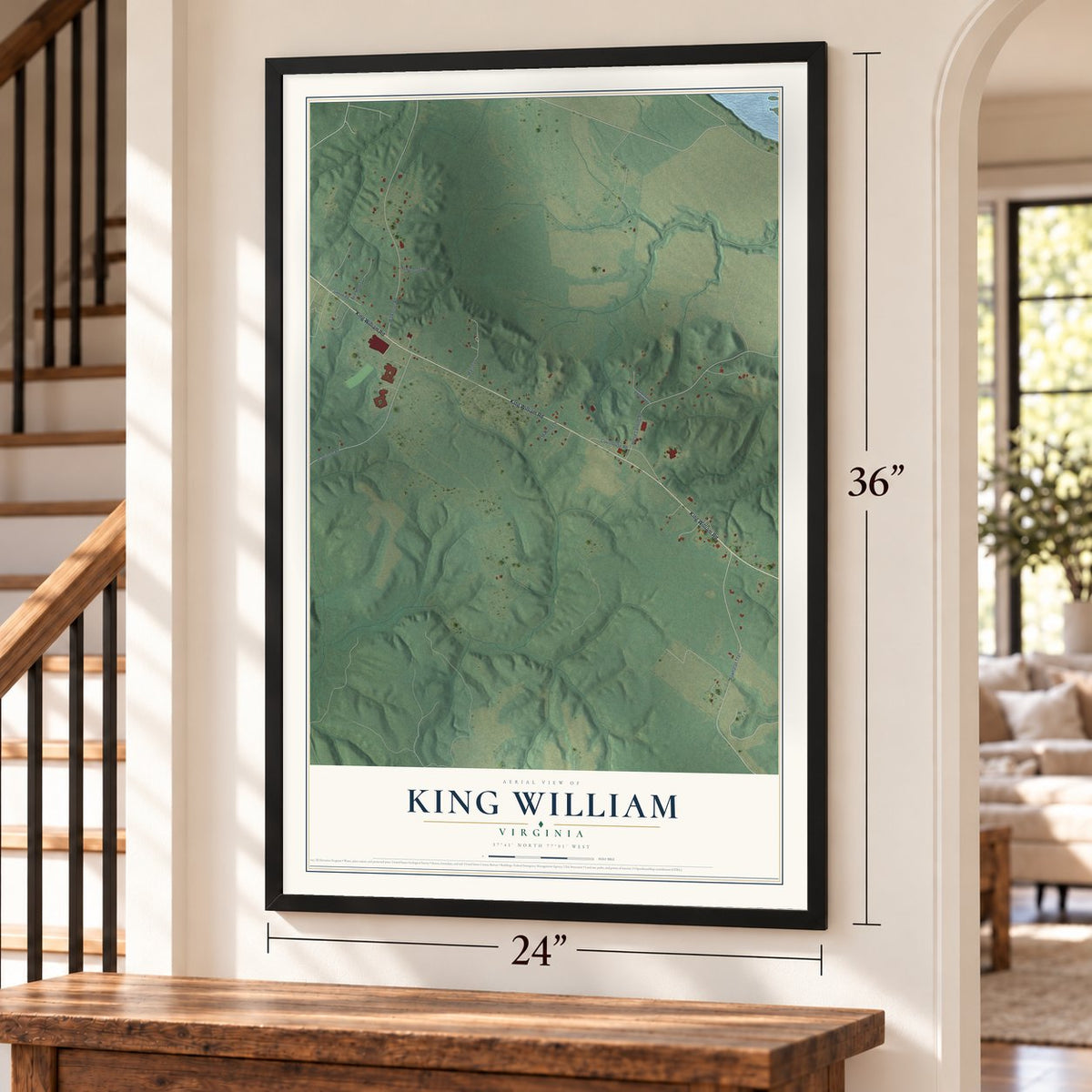 King William, Virginia map, 24 x 36 inch print in a black frame by a staircase