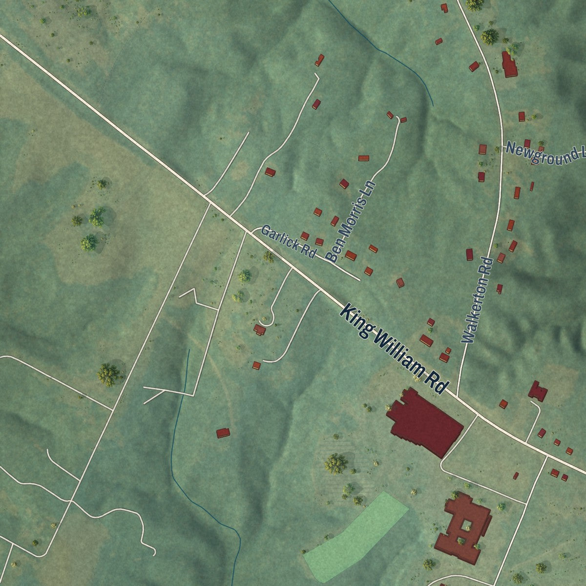 Close-up of the map of King William, Virginia print showing street and building detail