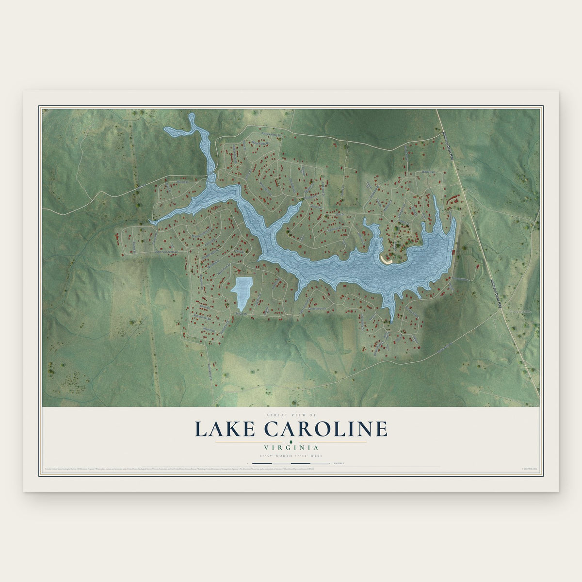 Lake Caroline, Virginia map print, the full design