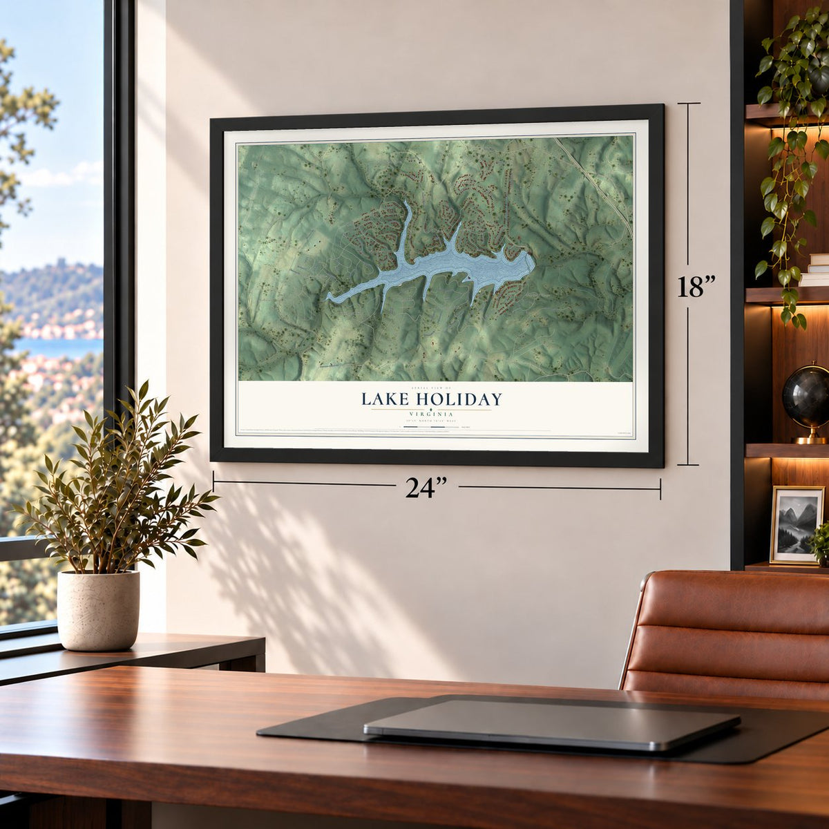 Lake Holiday, Virginia map, 18 x 24 inch print in a black frame in a home office
