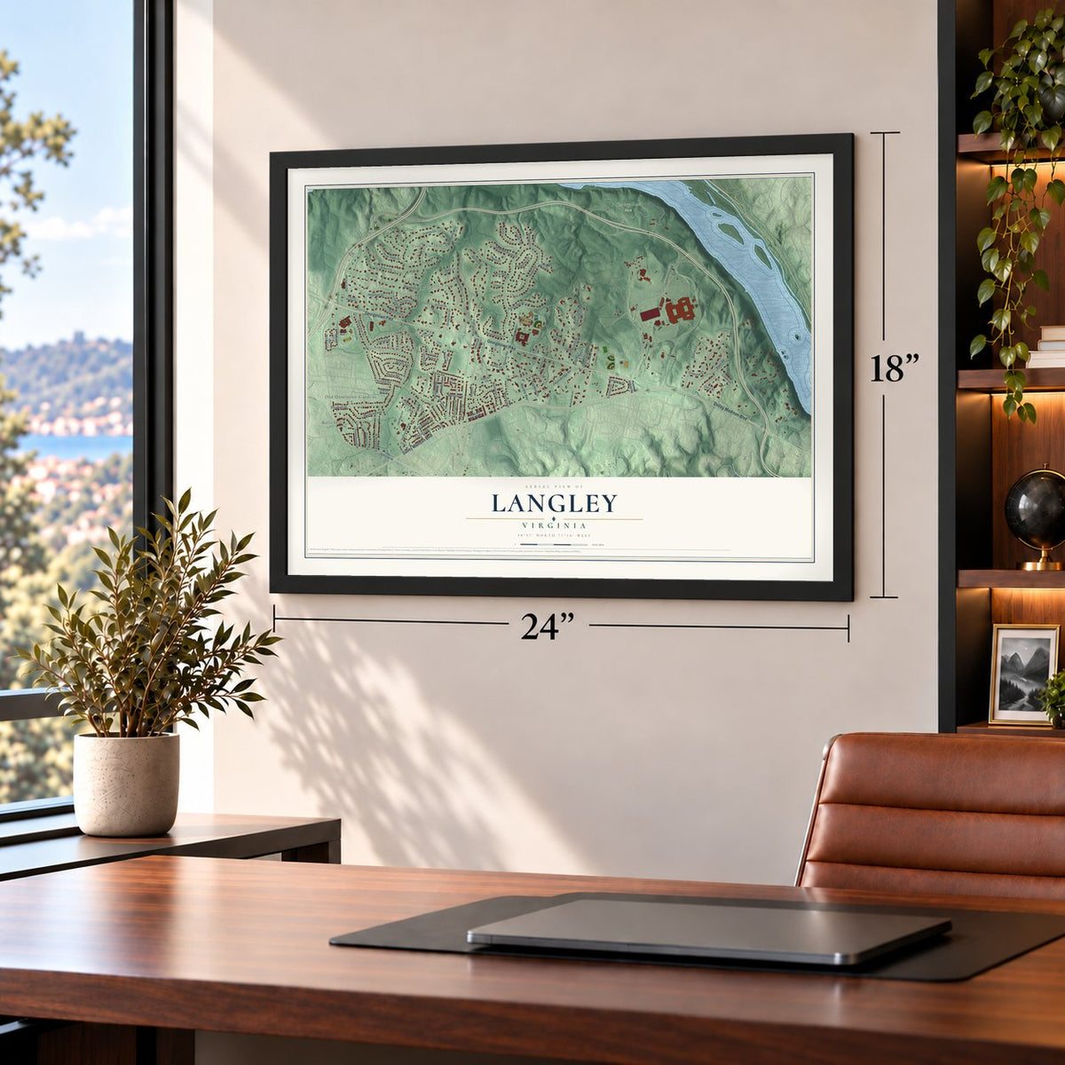 Langley, Virginia map, 18 x 24 inch print in a black frame in a home office