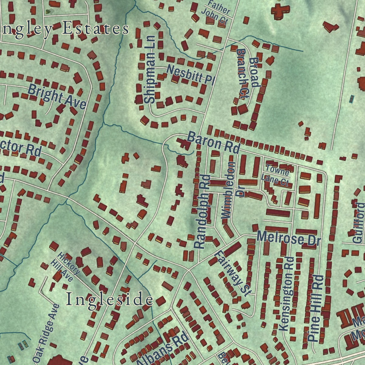 Close-up of the map of Langley, Virginia print showing street and building detail