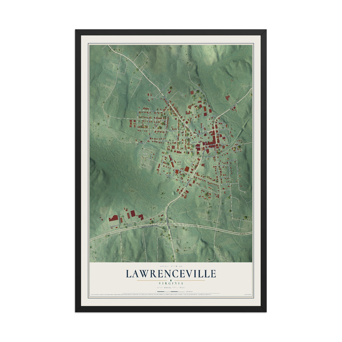 Map of Lawrenceville, Virginia, 12 x 18 inch print in a black wood frame