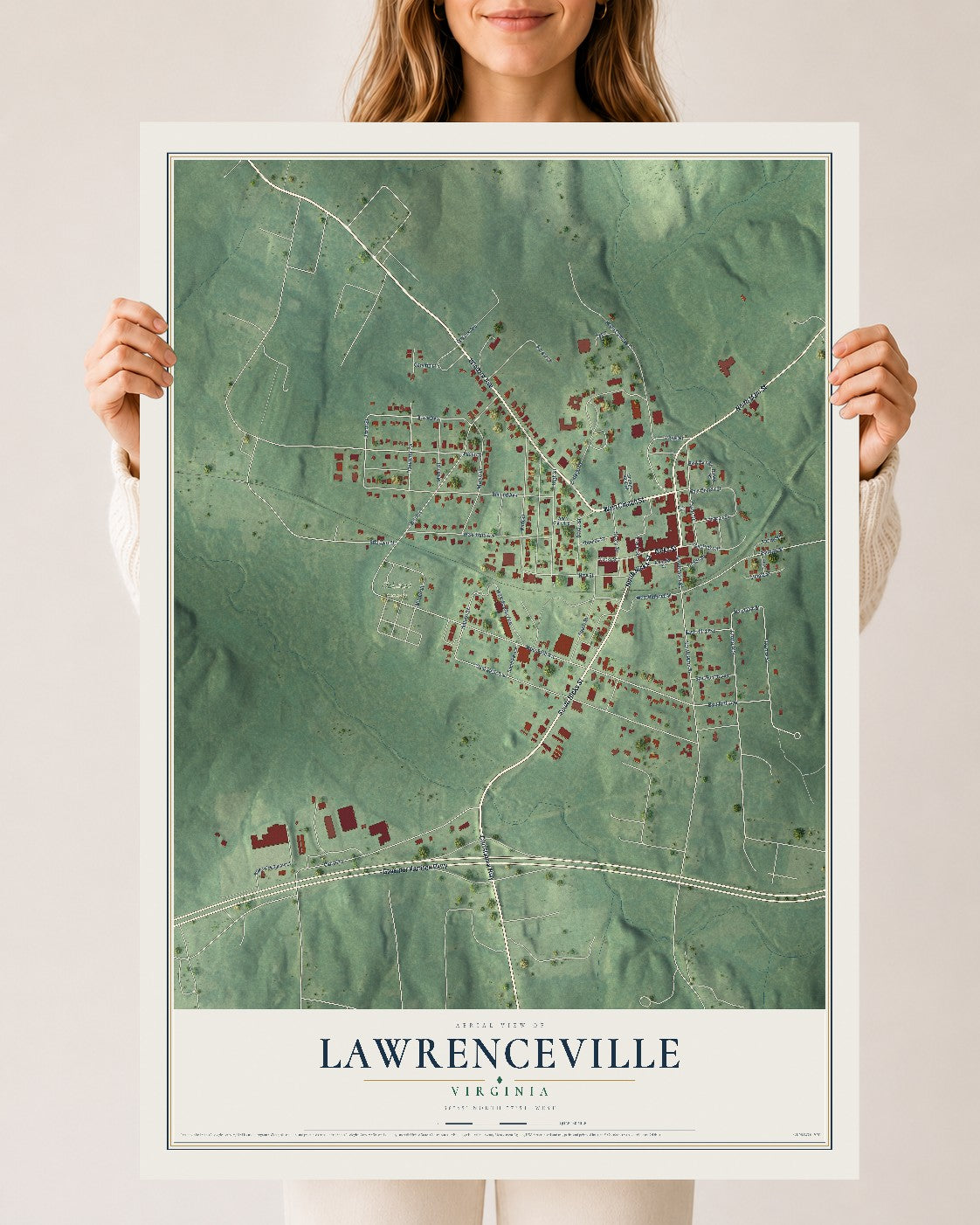 Map of Lawrenceville, Virginia, 24 x 36 inch unframed archival matte print