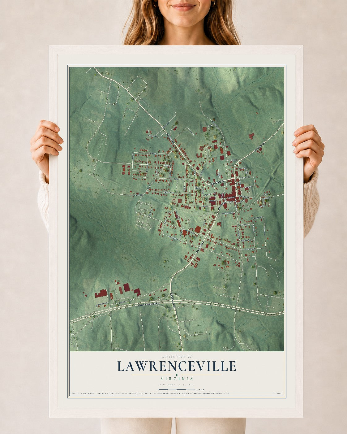 Map of Lawrenceville, Virginia, 24 x 36 inch print in a white wood frame