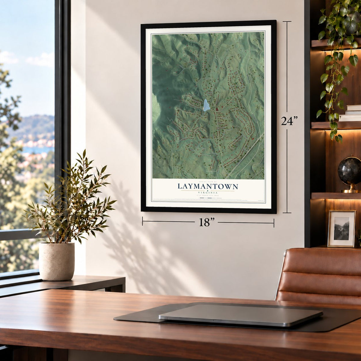 Laymantown, Virginia map, 18 x 24 inch print in a black frame in a home office