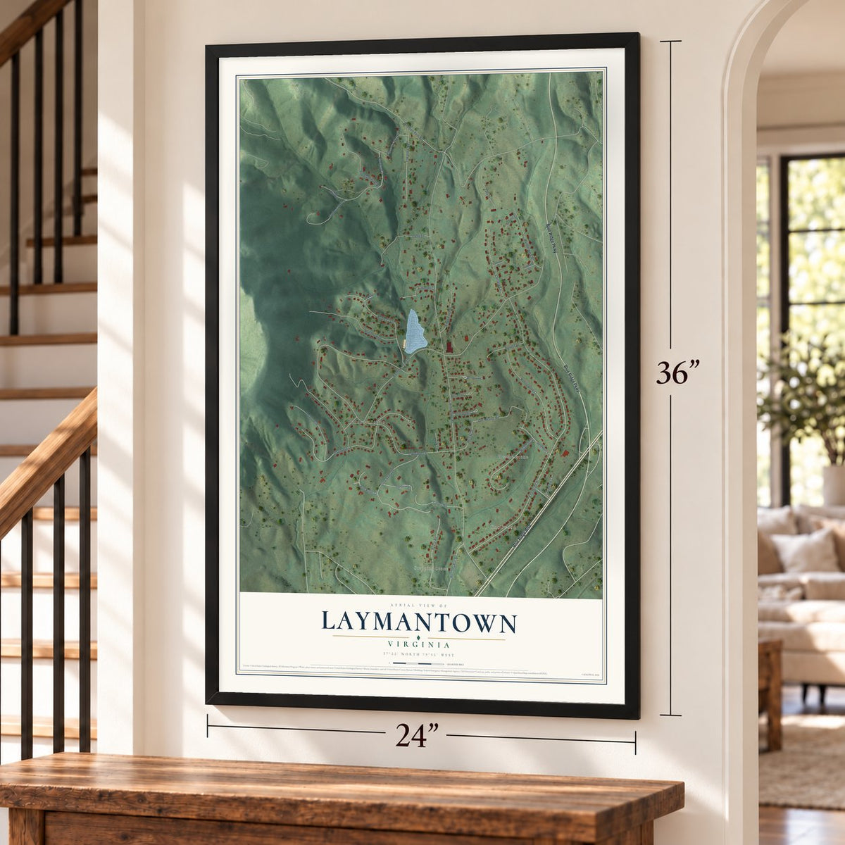 Laymantown, Virginia map, 24 x 36 inch print in a black frame by a staircase