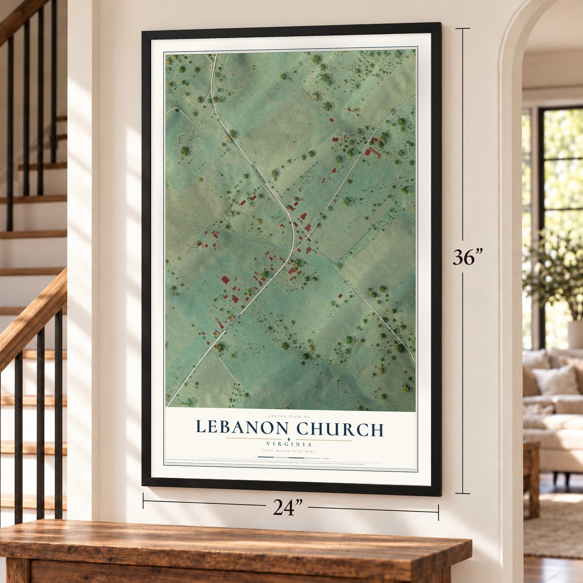 Lebanon Church, Virginia map, 24 x 36 inch print in a black frame by a staircase