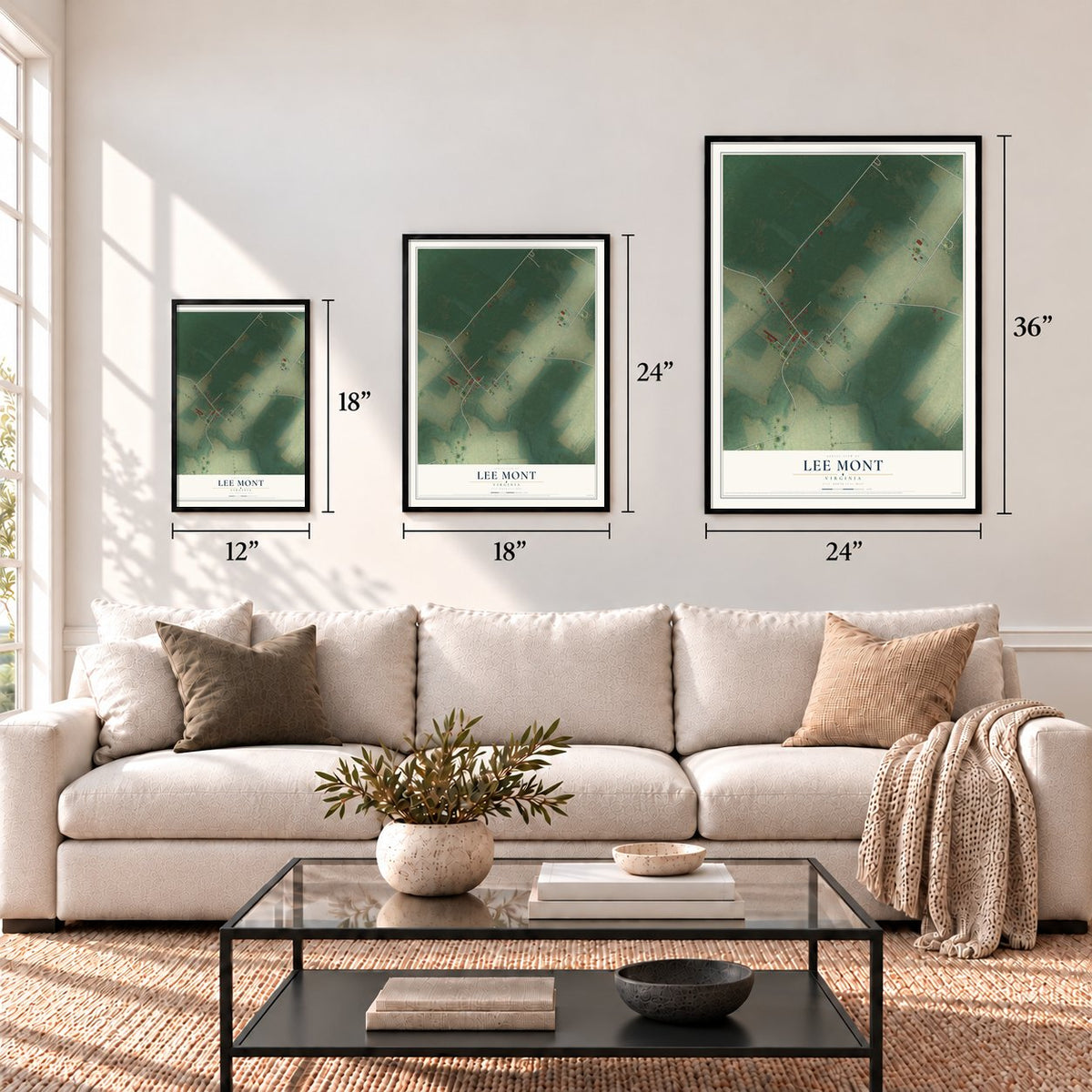 Lee Mont, Virginia map in 12 x 18, 18 x 24 and 24 x 36 inch sizes above a sofa