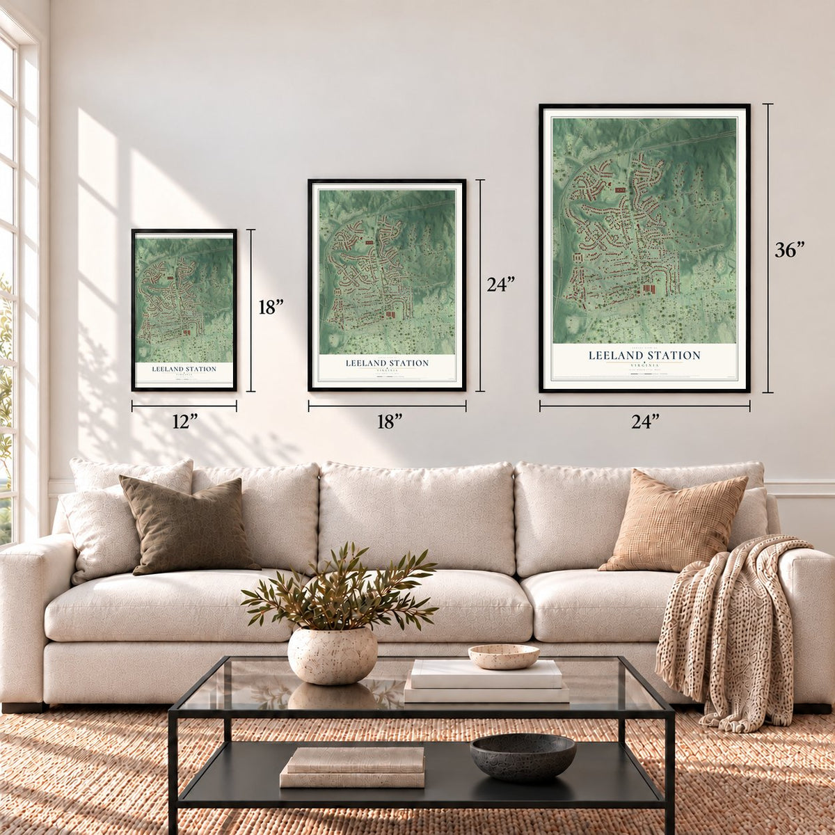 Leeland Station, Virginia map in 12 x 18, 18 x 24 and 24 x 36 inch sizes above a sofa