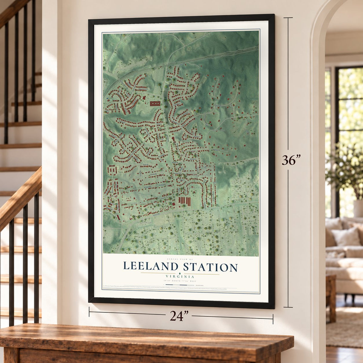 Leeland Station, Virginia map, 24 x 36 inch print in a black frame by a staircase