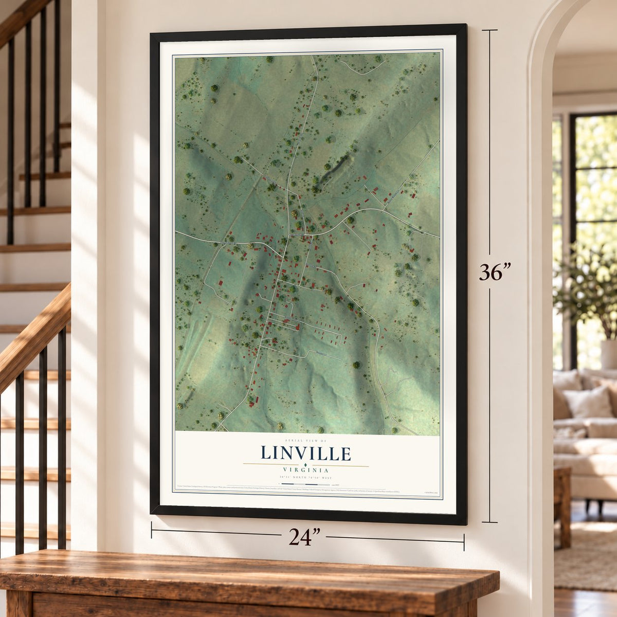 Linville, Virginia map, 24 x 36 inch print in a black frame by a staircase