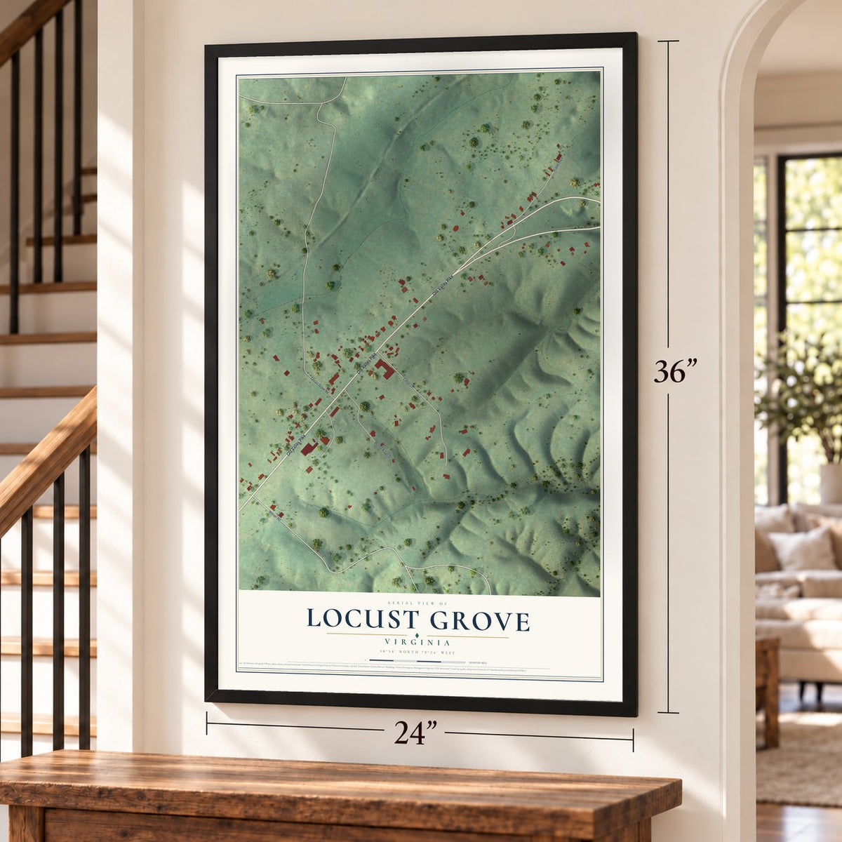 Locust Grove, Virginia map, 24 x 36 inch print in a black frame by a staircase
