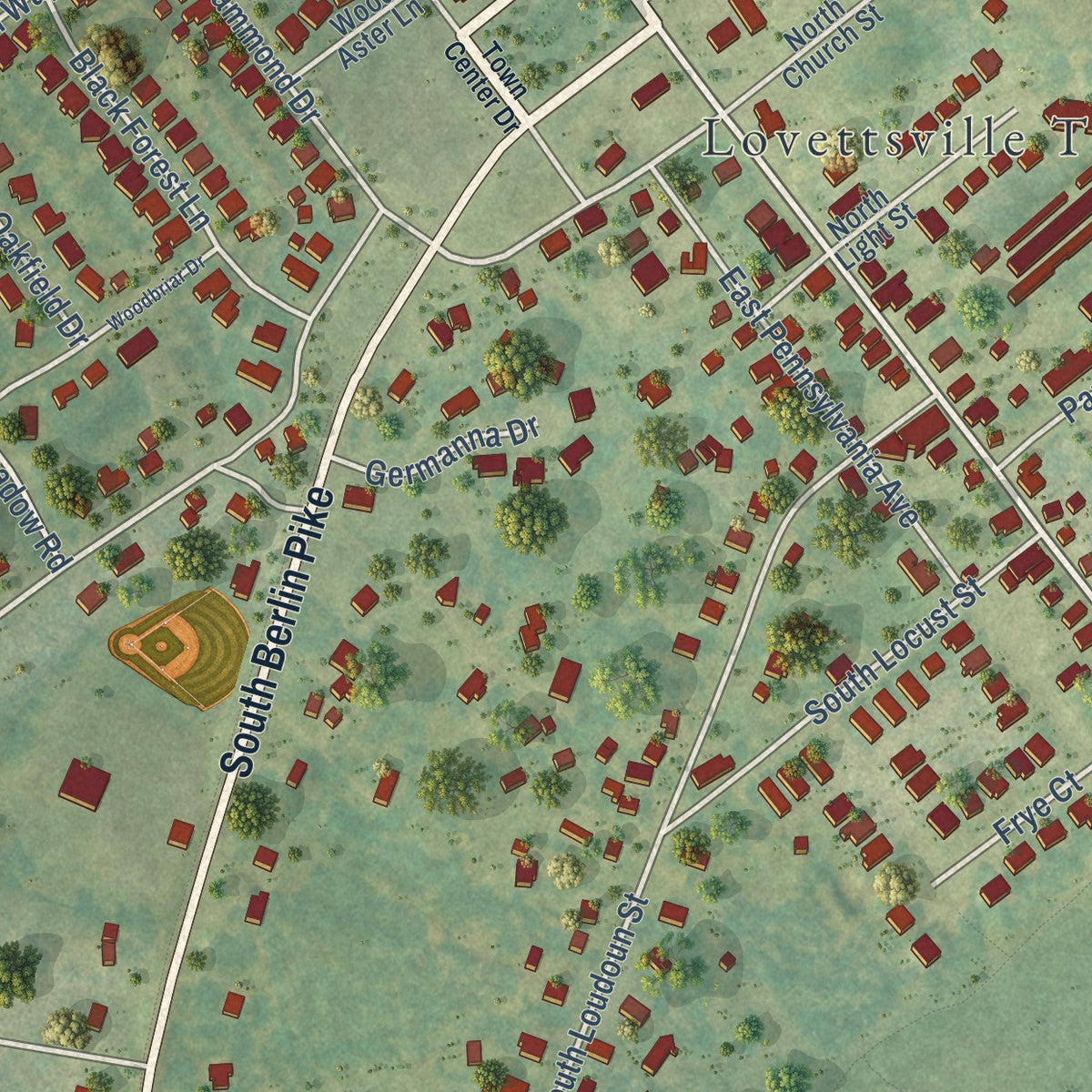 Close-up of the map of Lovettsville, Virginia print showing street and building detail