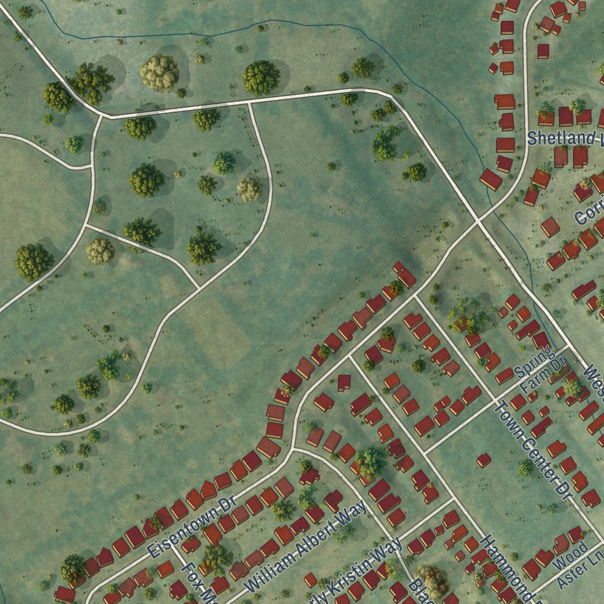 Second close-up of the map of Lovettsville, Virginia print showing more streets and buildings