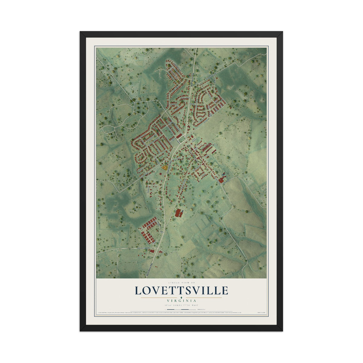 Map of Lovettsville, Virginia, 12 x 18 inch print in a black wood frame