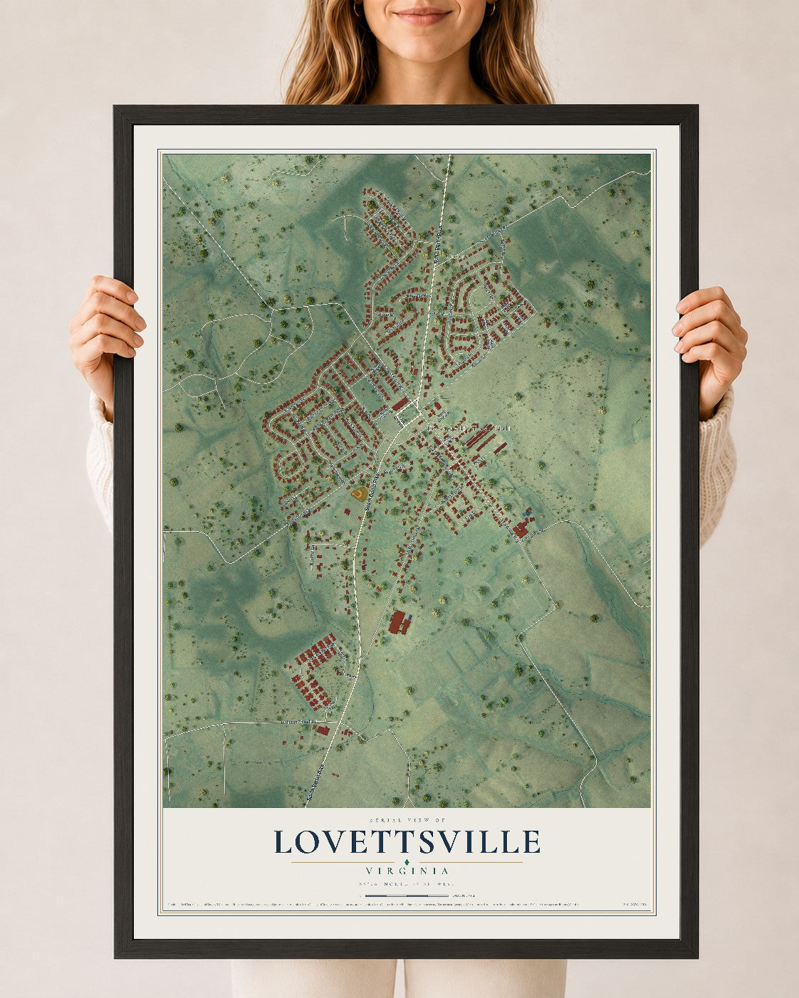 Map of Lovettsville, Virginia, 24 x 36 inch print in a black wood frame