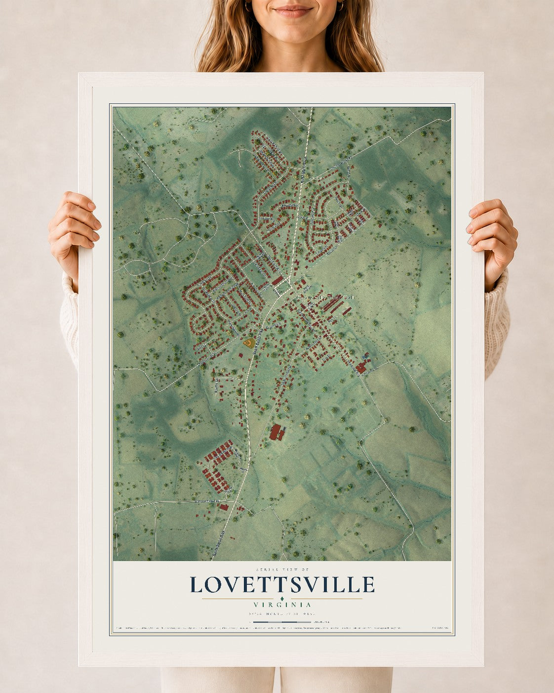 Map of Lovettsville, Virginia, 24 x 36 inch print in a white wood frame