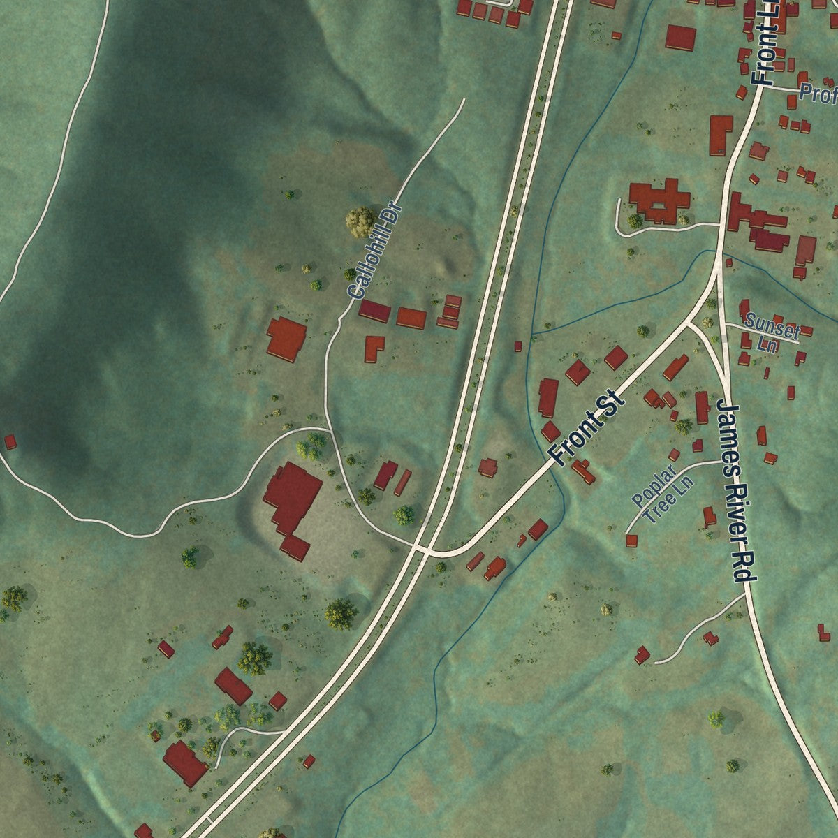 Close-up of the map of Lovingston, Virginia print showing street and building detail
