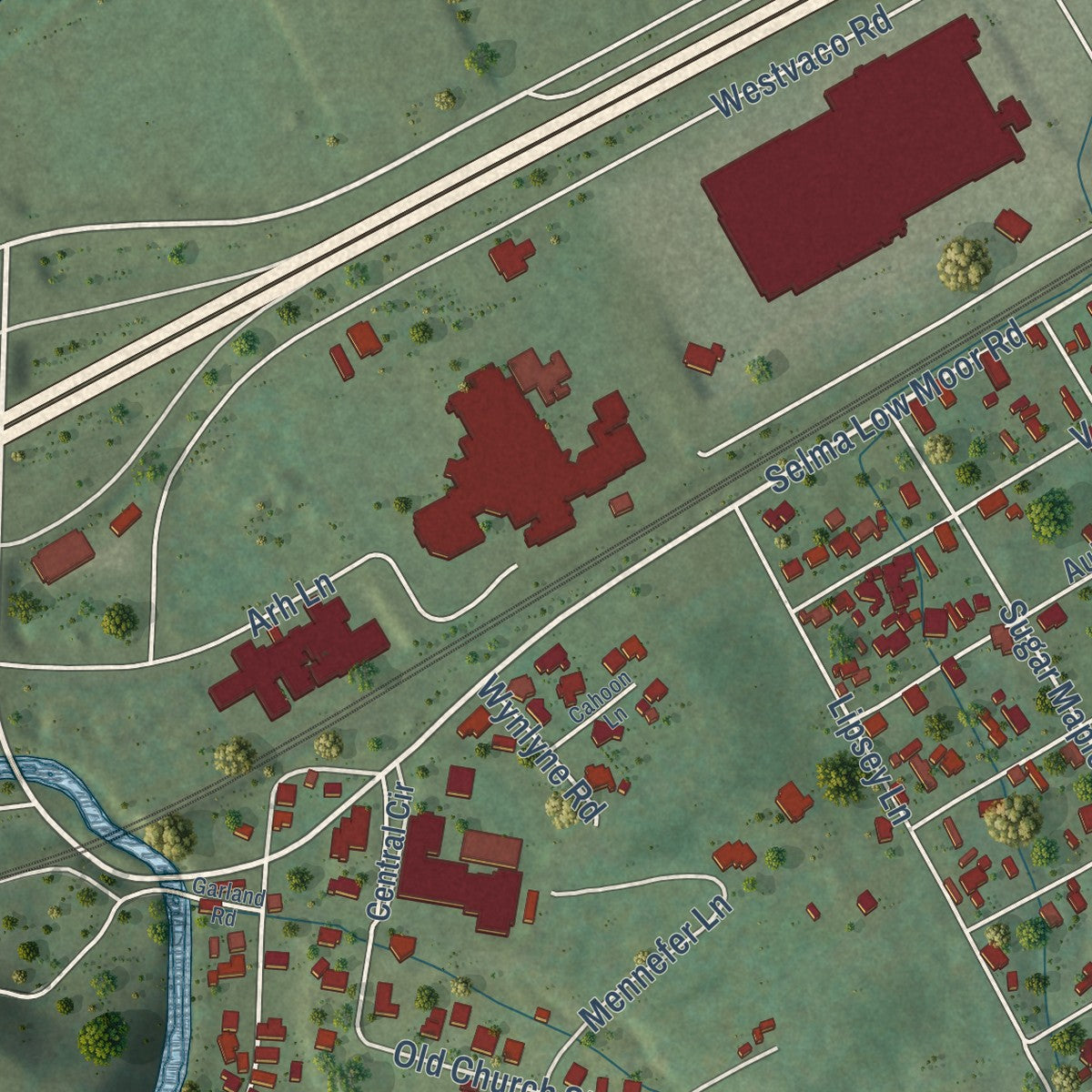 Close-up of the map of Low Moor, Virginia print showing street and building detail