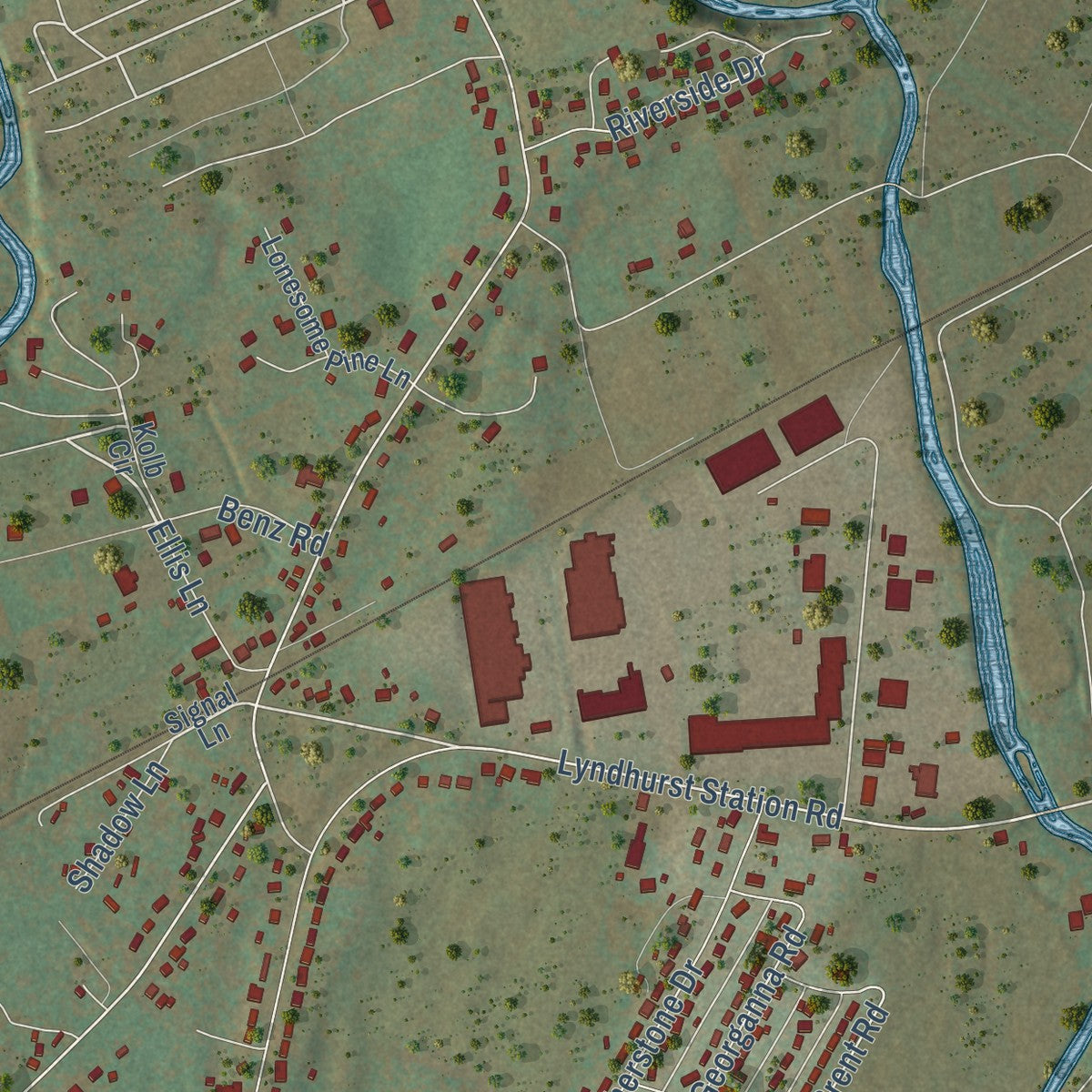 Close-up of the map of Lyndhurst, Virginia print showing street and building detail