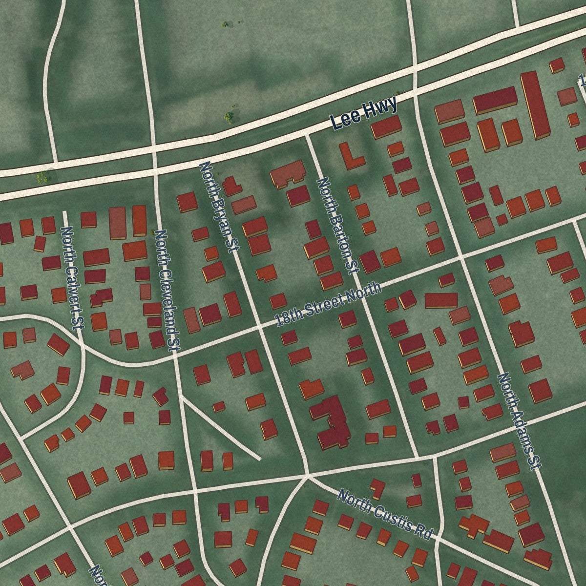 Close-up of the map of Lyon Village, Virginia print showing street and building detail