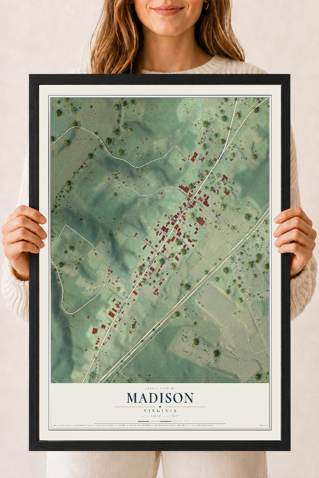 Map of Madison, Virginia, 18 x 24 inch print in a black wood frame