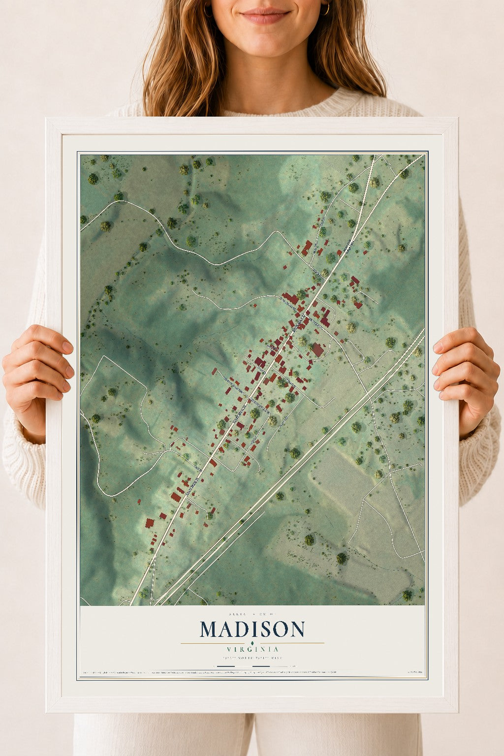 Map of Madison, Virginia, 18 x 24 inch print in a white wood frame
