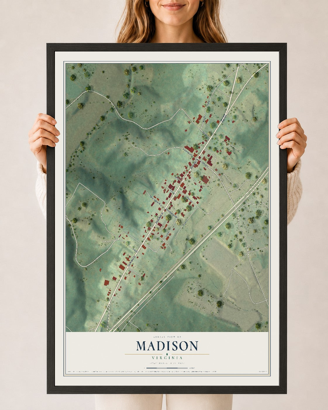 Map of Madison, Virginia, 24 x 36 inch print in a black wood frame