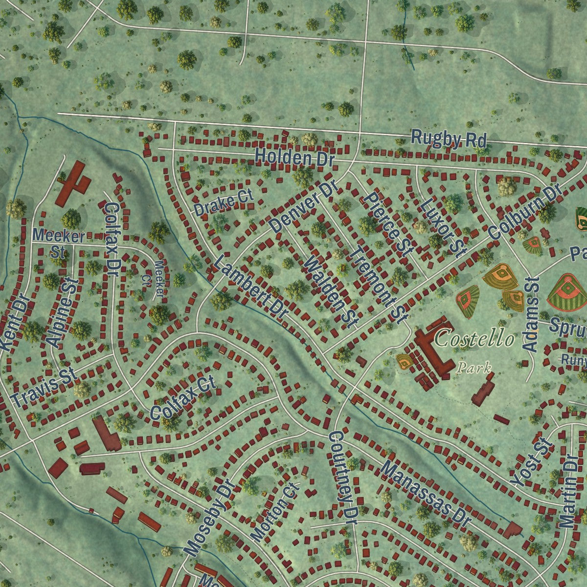Second close-up of the map of Manassas Park, Virginia print showing more streets and buildings