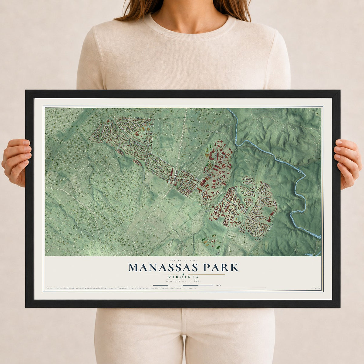 Map of Manassas Park, Virginia, 12 x 18 inch print in a black wood frame