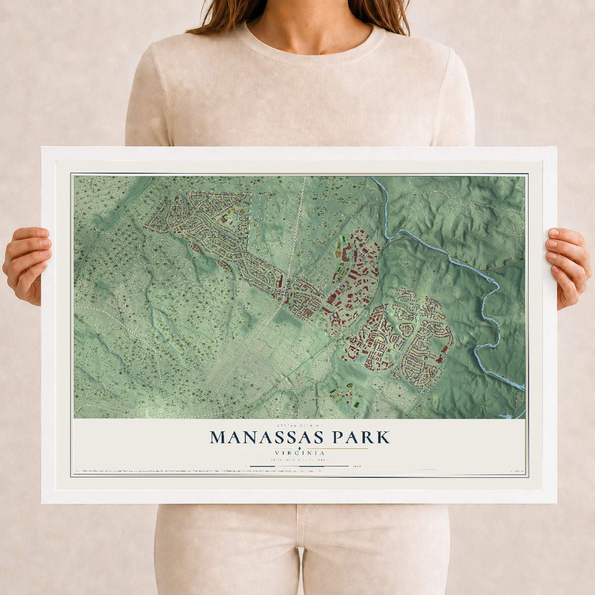 Map of Manassas Park, Virginia, 12 x 18 inch print in a white wood frame