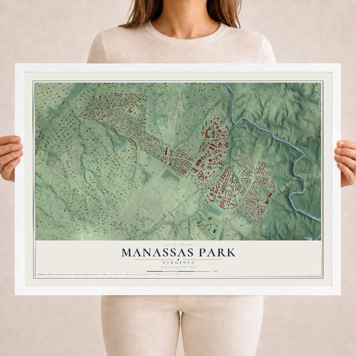 Map of Manassas Park, Virginia, 18 x 24 inch print in a white wood frame