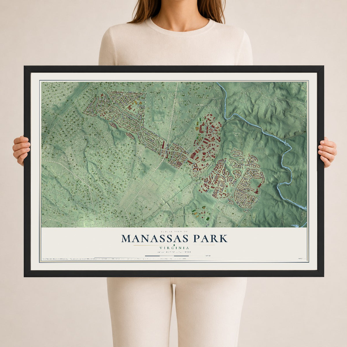 Map of Manassas Park, Virginia, 24 x 36 inch print in a black wood frame