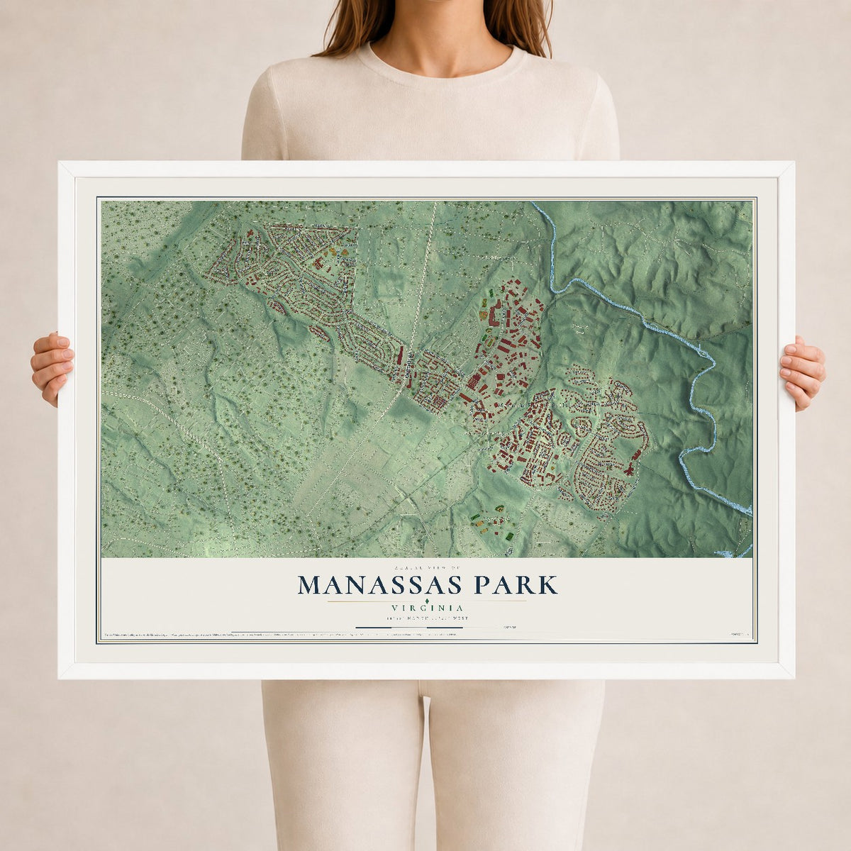 Map of Manassas Park, Virginia, 24 x 36 inch print in a white wood frame