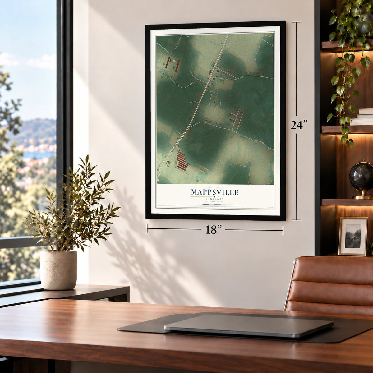 Mappsville, Virginia map, 18 x 24 inch print in a black frame in a home office